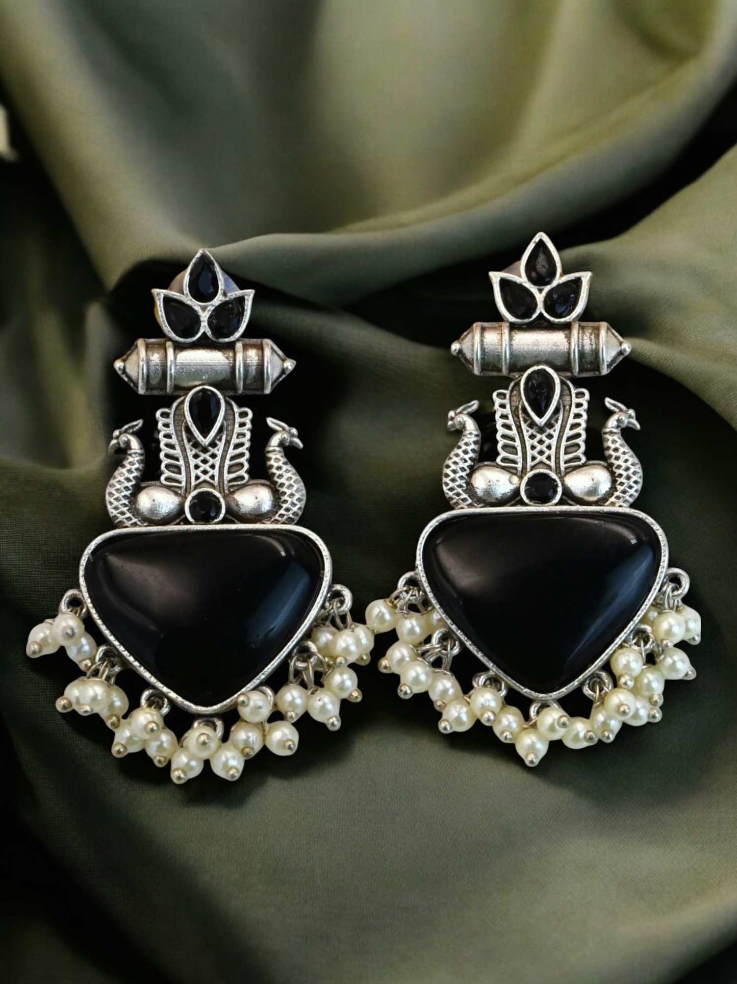 Nazakat Black Monalisa Stone Oxidized Dangle Earrings