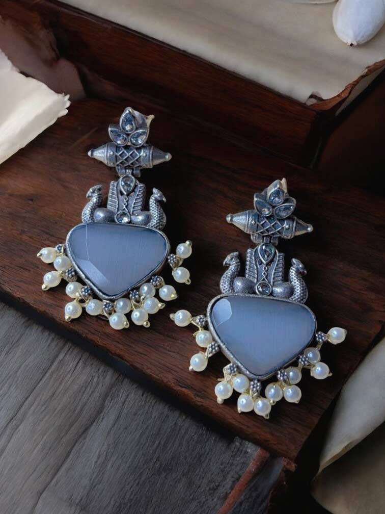Nazakat Gray Monalisa Stone Oxidized Dangle Earrings