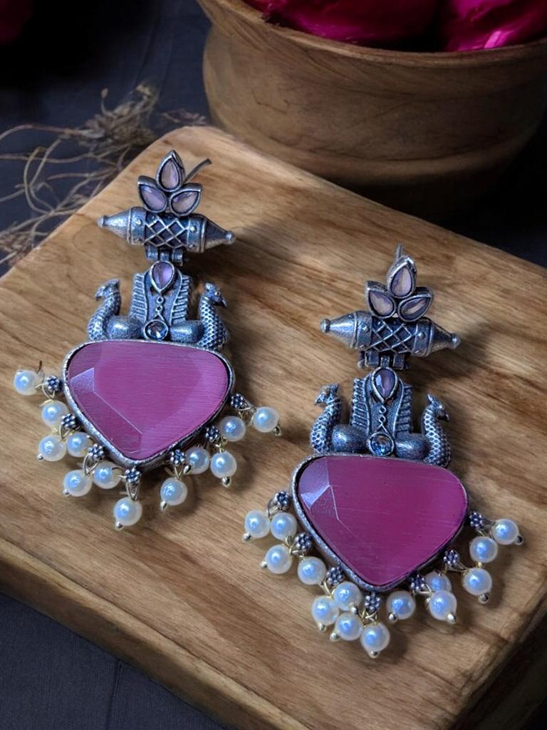 Nazakat Pink Monalisa Stone Oxidized Dangle Earrings