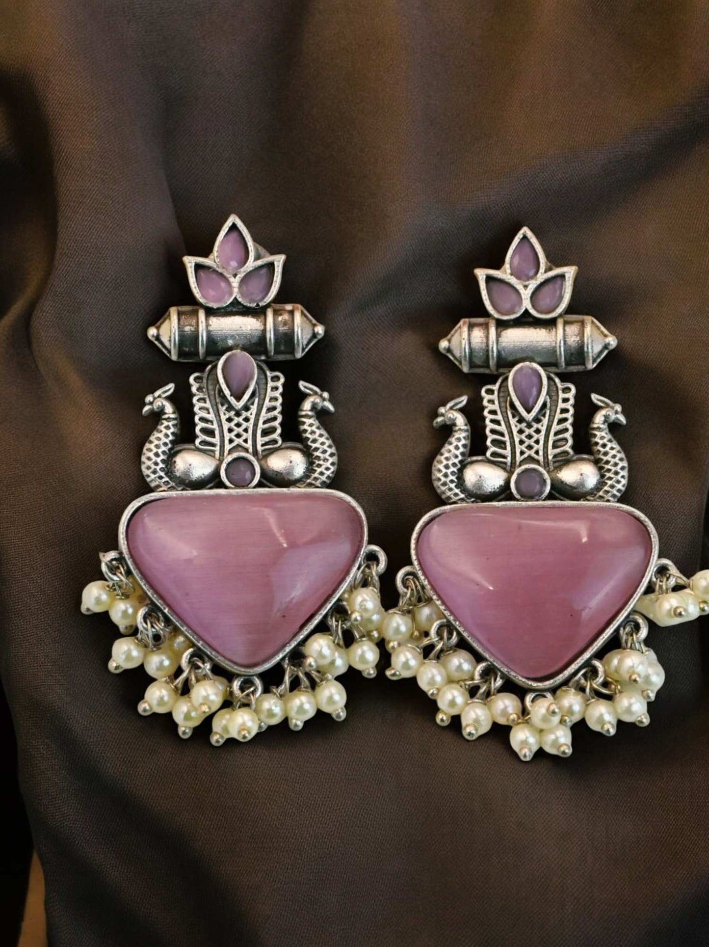 Nazakat Pink Monalisa Stone Oxidized Dangle Earrings
