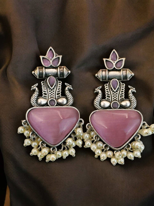 Nazakat Pink Monalisa Stone Oxidized Dangle Earrings