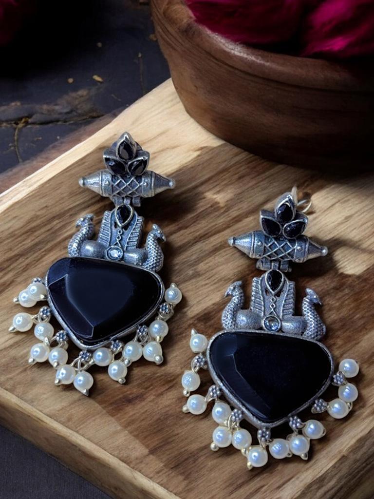 Nazakat Black Monalisa Stone Oxidized Dangle Earrings