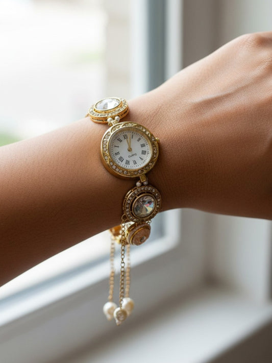 Nazam Golden Pearl Chain Drop Watch Bracelet