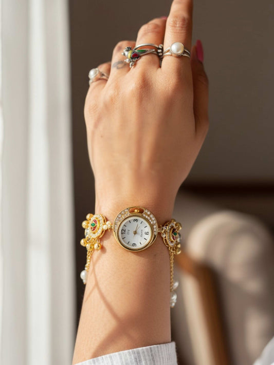Nazgul Golden Pearl & Ghungroo Chain Drop Watch Bracelet