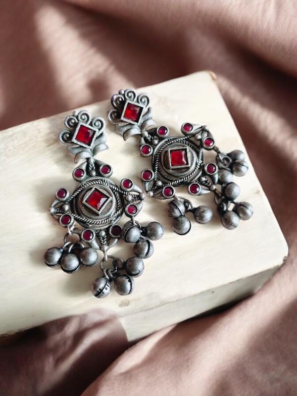 Sharvani Red Dangle Silver Replica Earrings