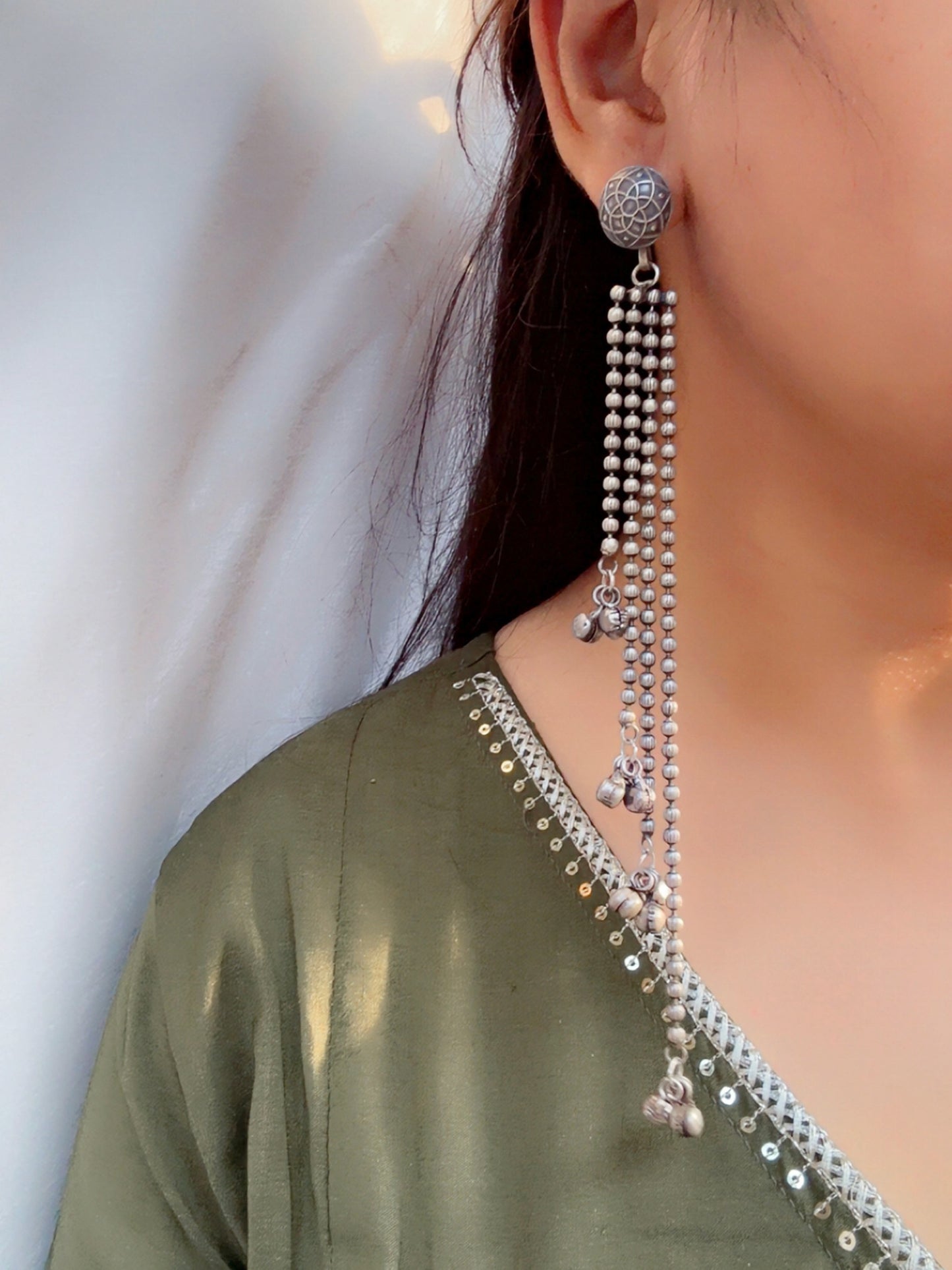 Neeharika Long Chain Layer Ghungroo Oxidized Earrings