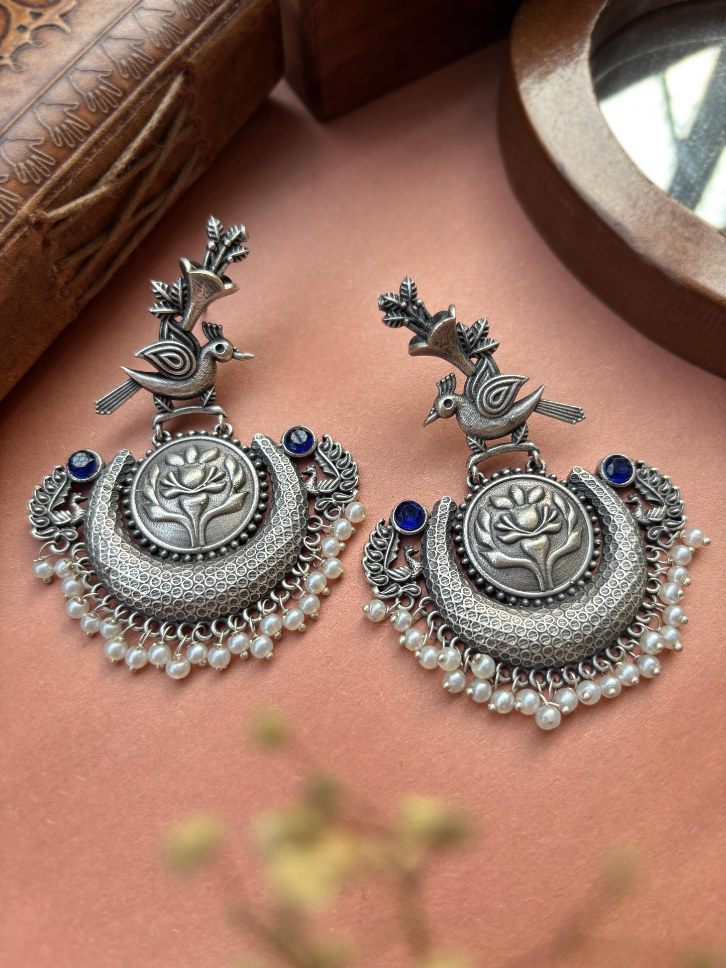 Nouri Blue Monalisa Stone Pearl Chandbali Oxidized Statement Earrings