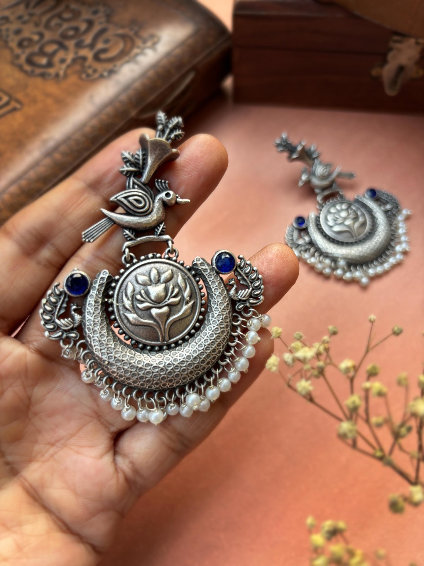 Nouri Blue Monalisa Stone Pearl Chandbali Oxidized Statement Earrings