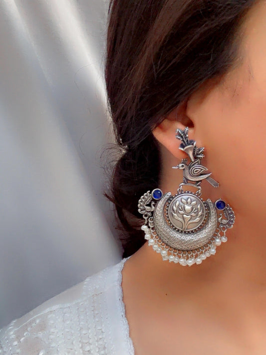 Nouri Blue Monalisa Stone Pearl Chandbali Oxidized Statement Earrings