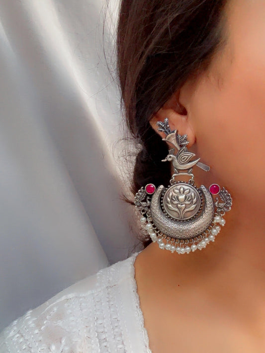 Nouri Red Magenta Monalisa Stone Pearl Chandbali