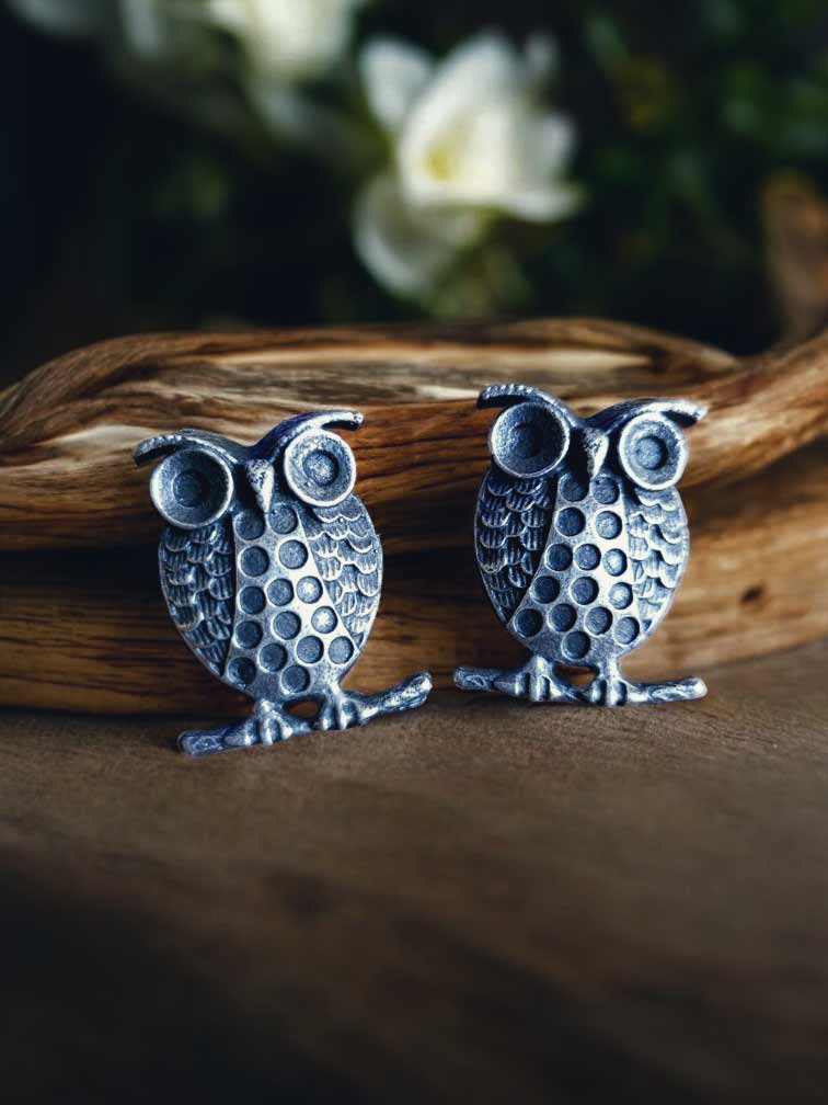 Quirky Owl Silver Oxidized Stud Earrings