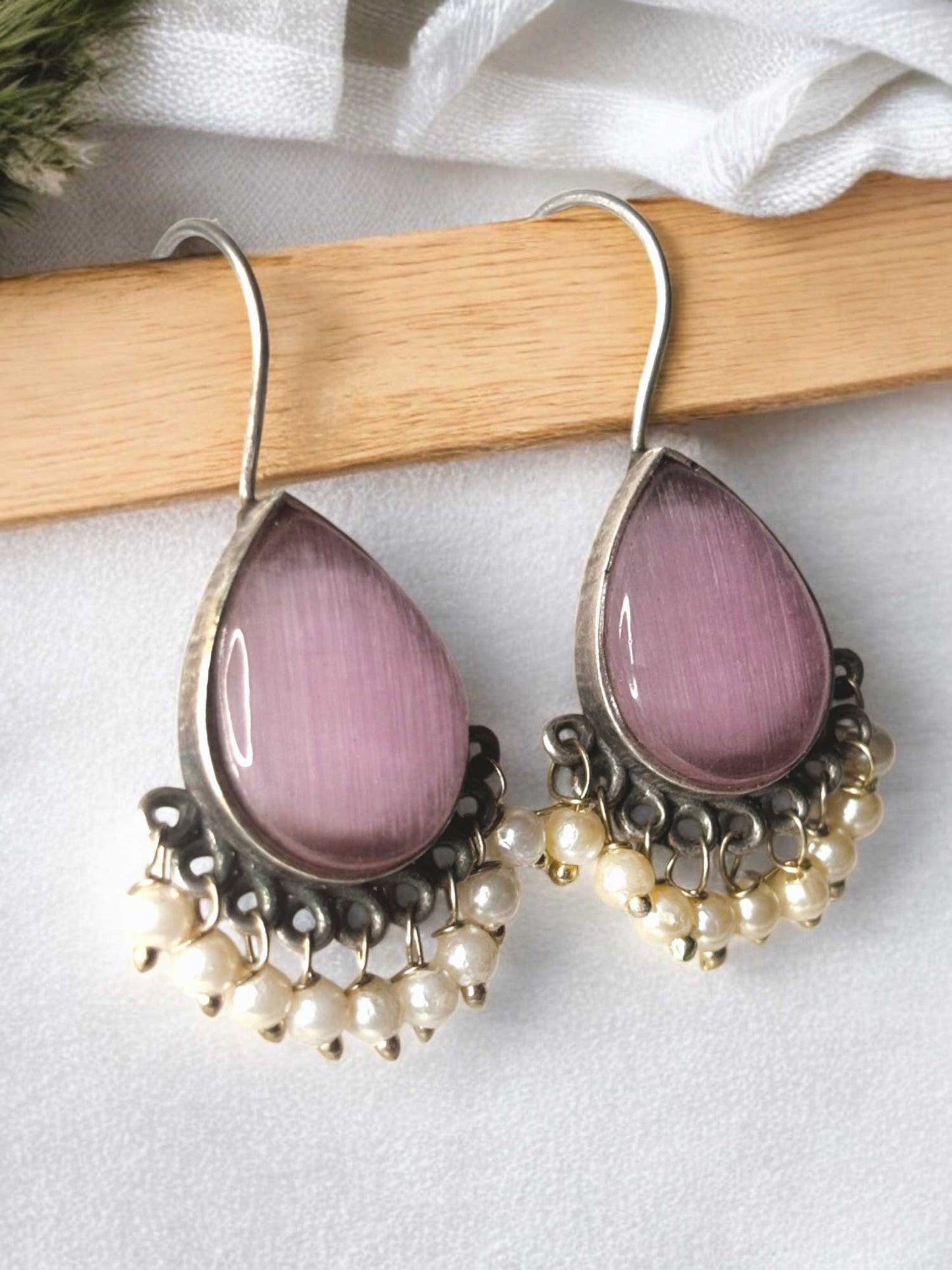 Dew Drop Monalisa Stone Oxidized Hook Earrings