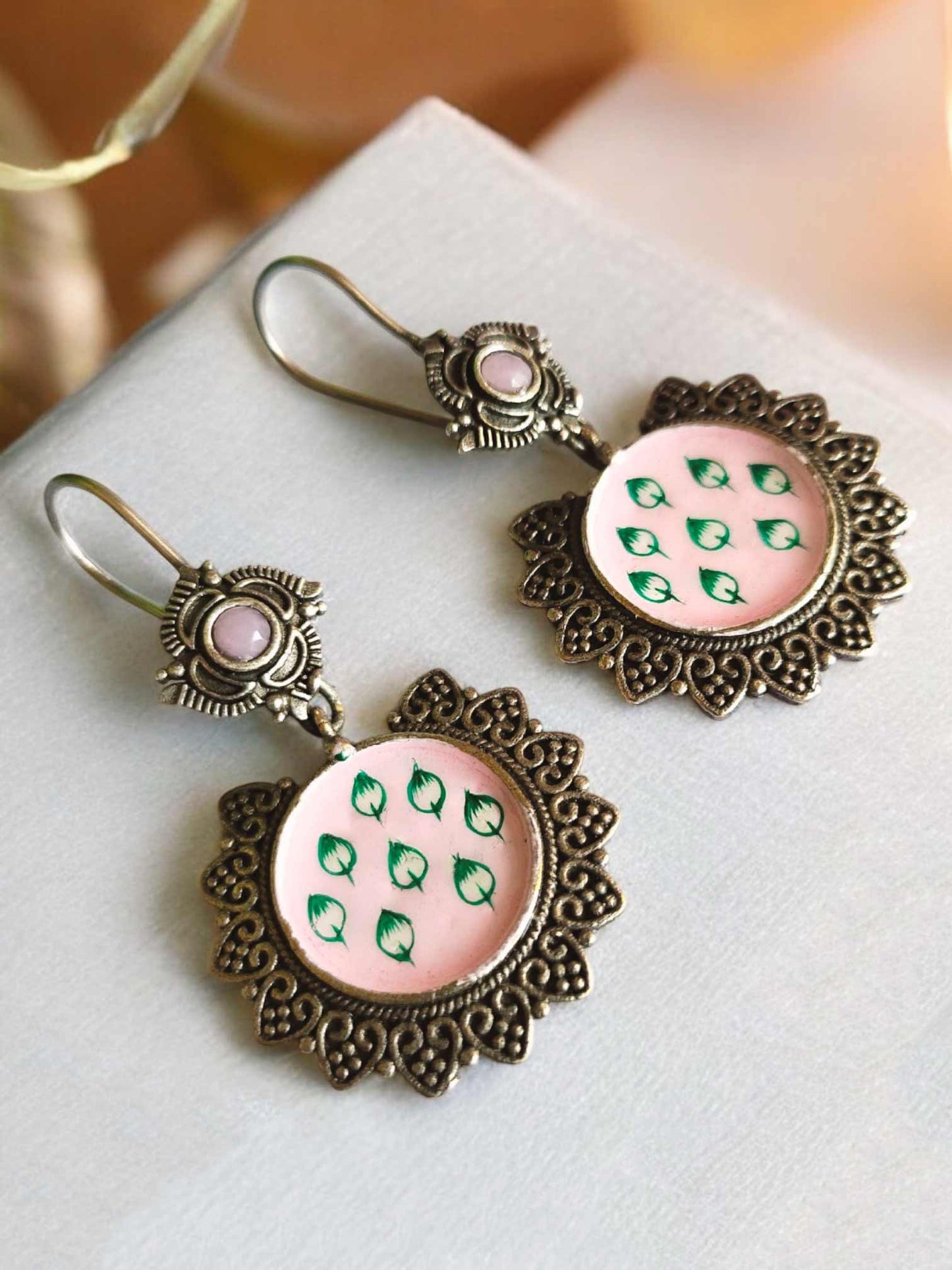 Pink Pearl Meenakari Hand painted Hook Earrings