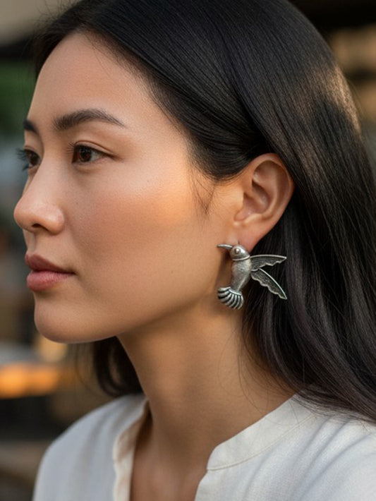 Quirky Hummingbird Studs – Oxidized Silver Earrings