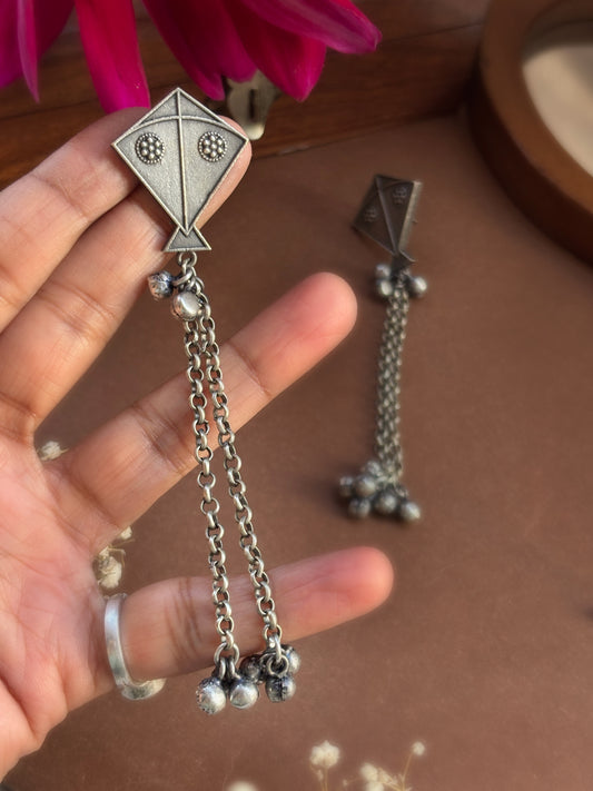Quirky Kite Ghungroo Silver Dangle – Oxidized Boho Earrings