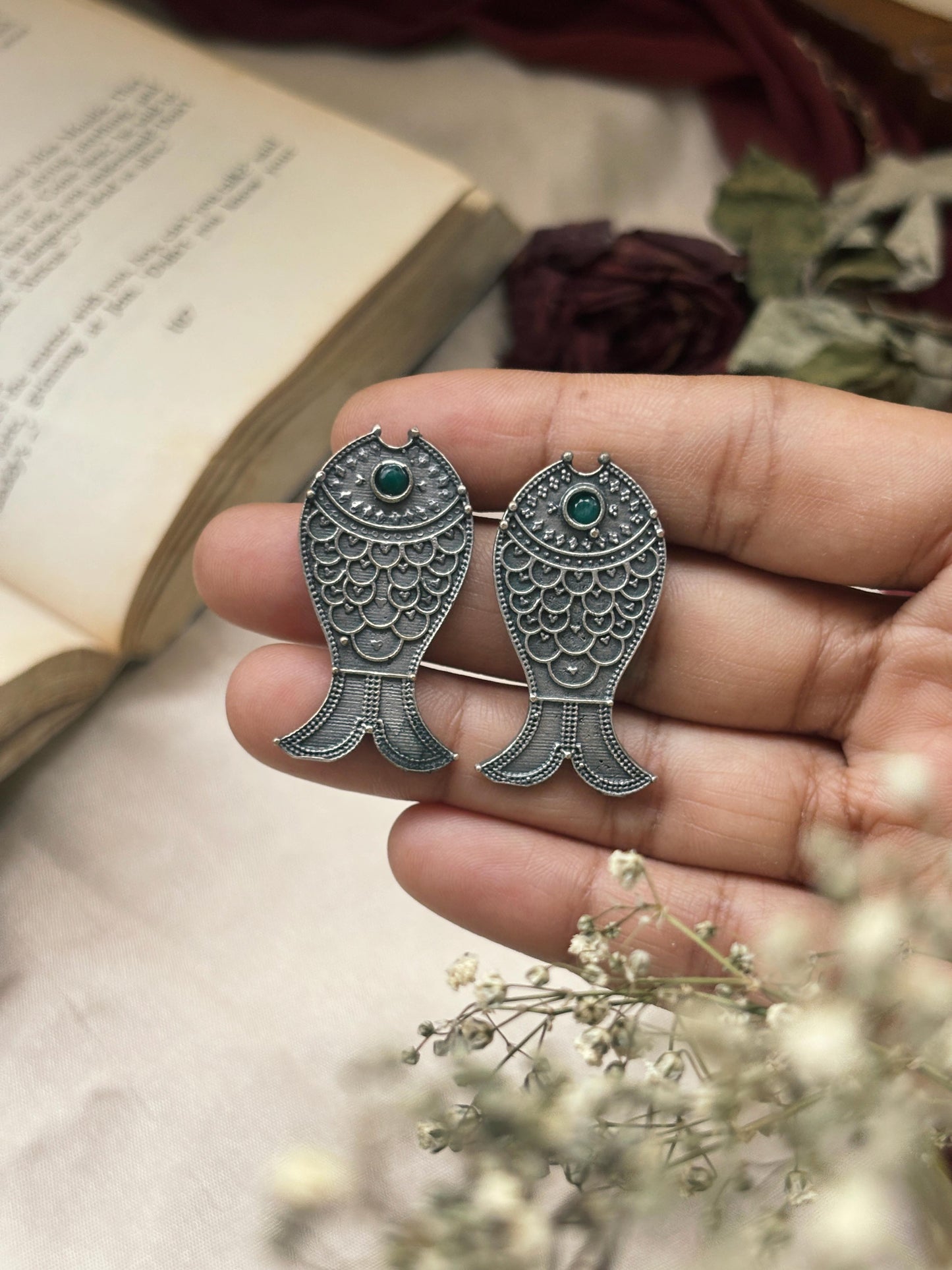 Quirky Meena – Green Stud Oxidized Fish Earrings