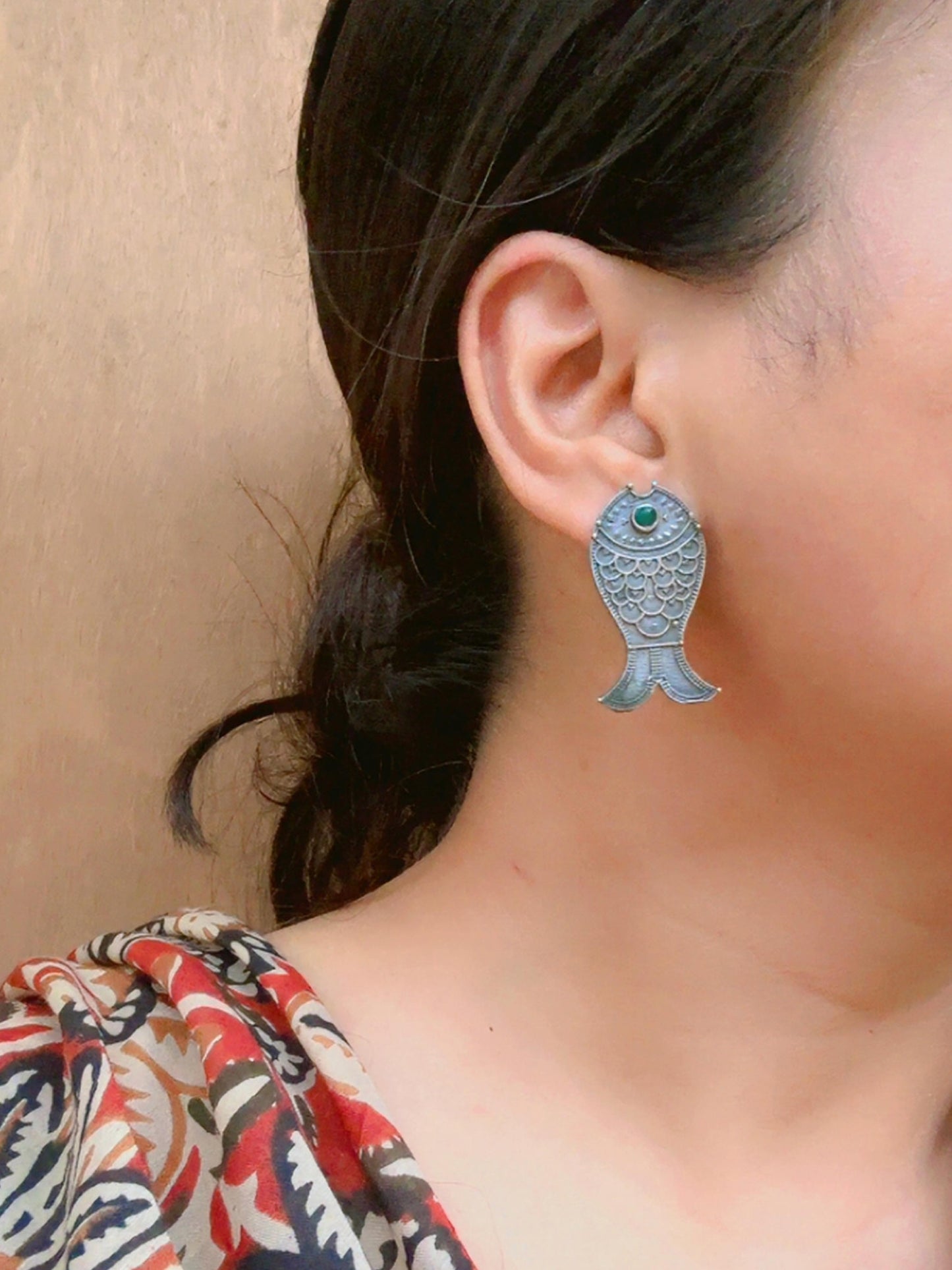 Quirky Meena – Green Stud Oxidized Fish Earrings