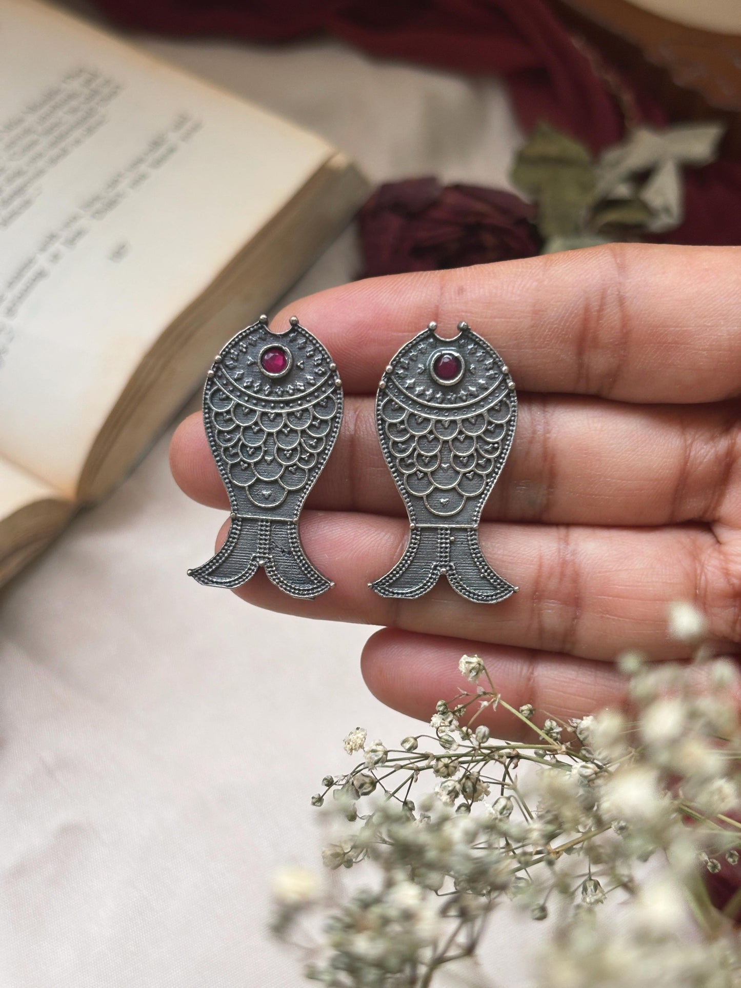 Quirky Meena – Red Stud Oxidized Fish Earrings