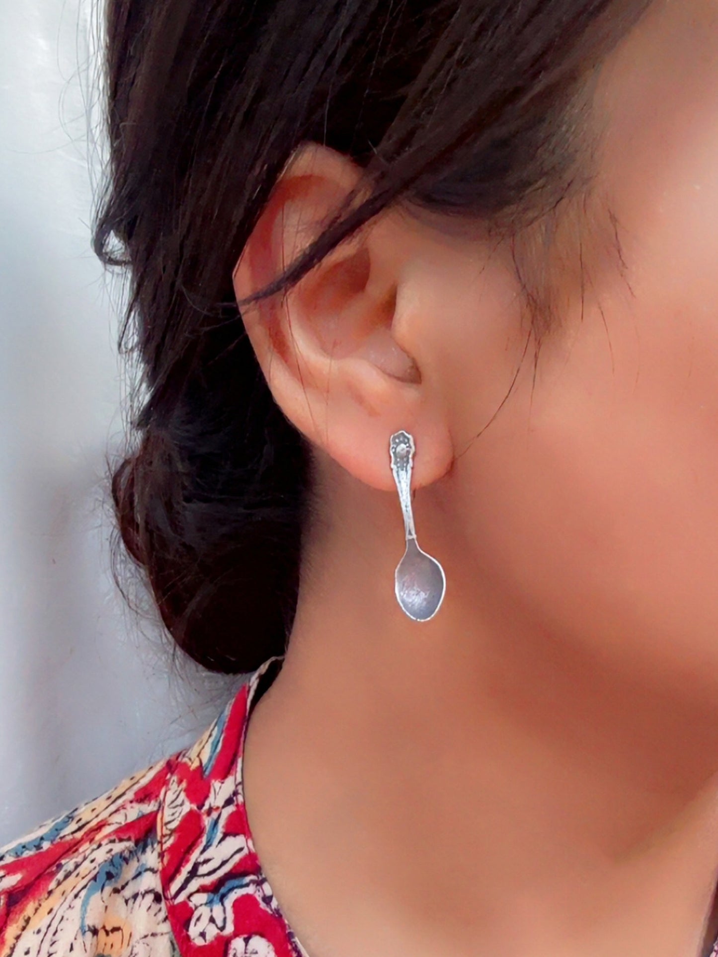 Quirky Spoon Studs Oxidized Silver Earrings