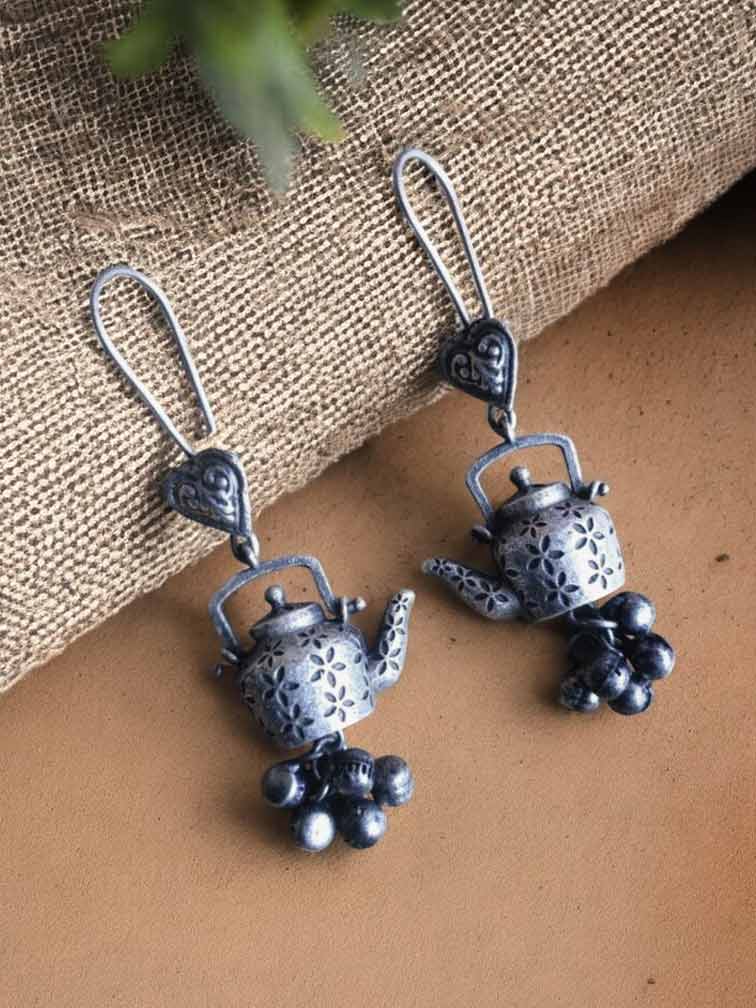Quirky Teapot Oxidized Silver Ghungroo Hook Earrings
