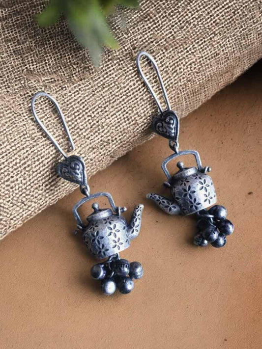 Quirky Teapot Oxidized Silver Ghungroo Hook Earrings