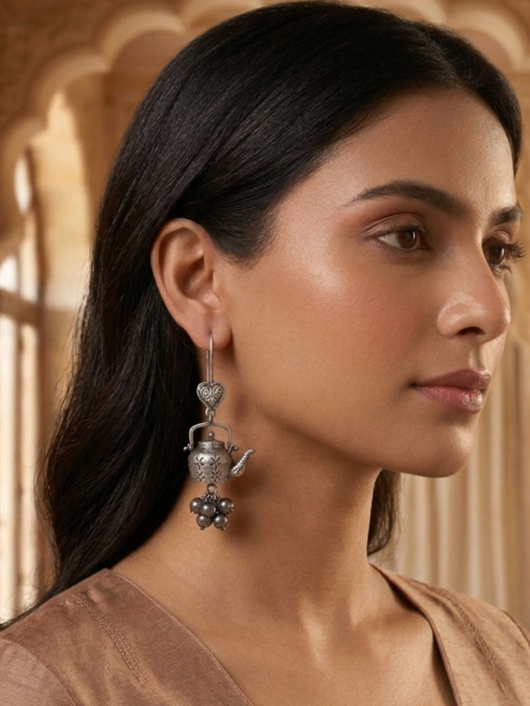 Quirky Teapot Oxidized Silver Ghungroo Hook Earrings