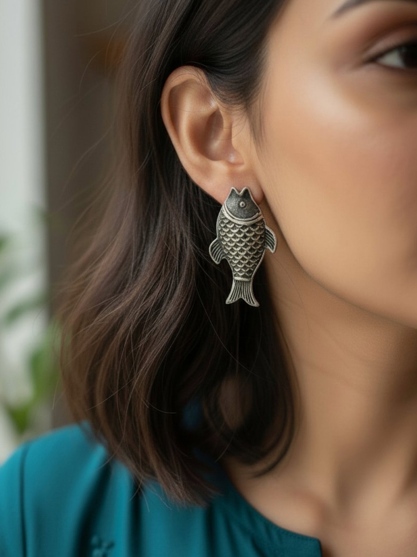 Quirky Tuna Studs – Silver Oxidized Boho Earrings