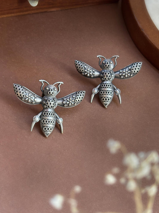 Quirky Bumblebee Studs – Silver Oxidized Boho Earrings