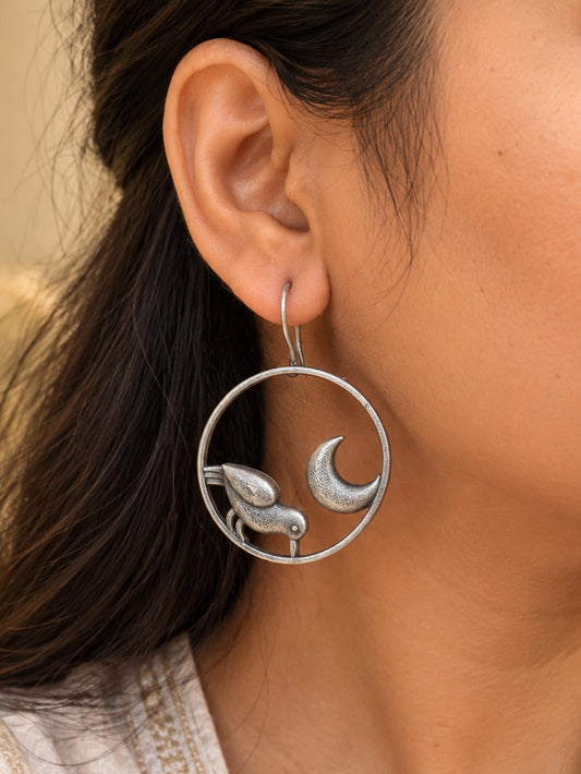 Quirky Moonbird Hook Oxidized Silver Boho Earrings
