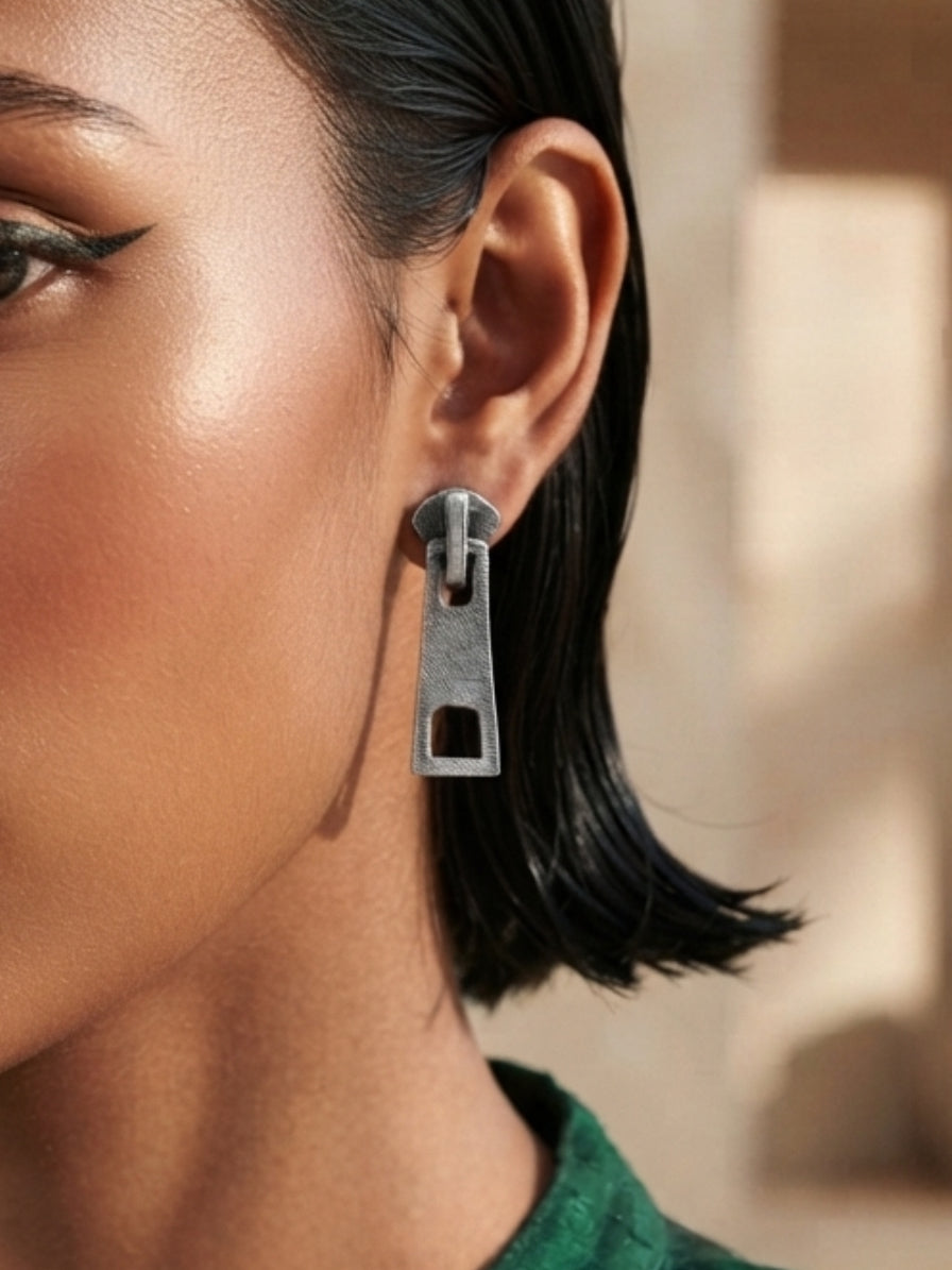 Quirky Ziplock Oxidized Silver Geometric Stud Earrings