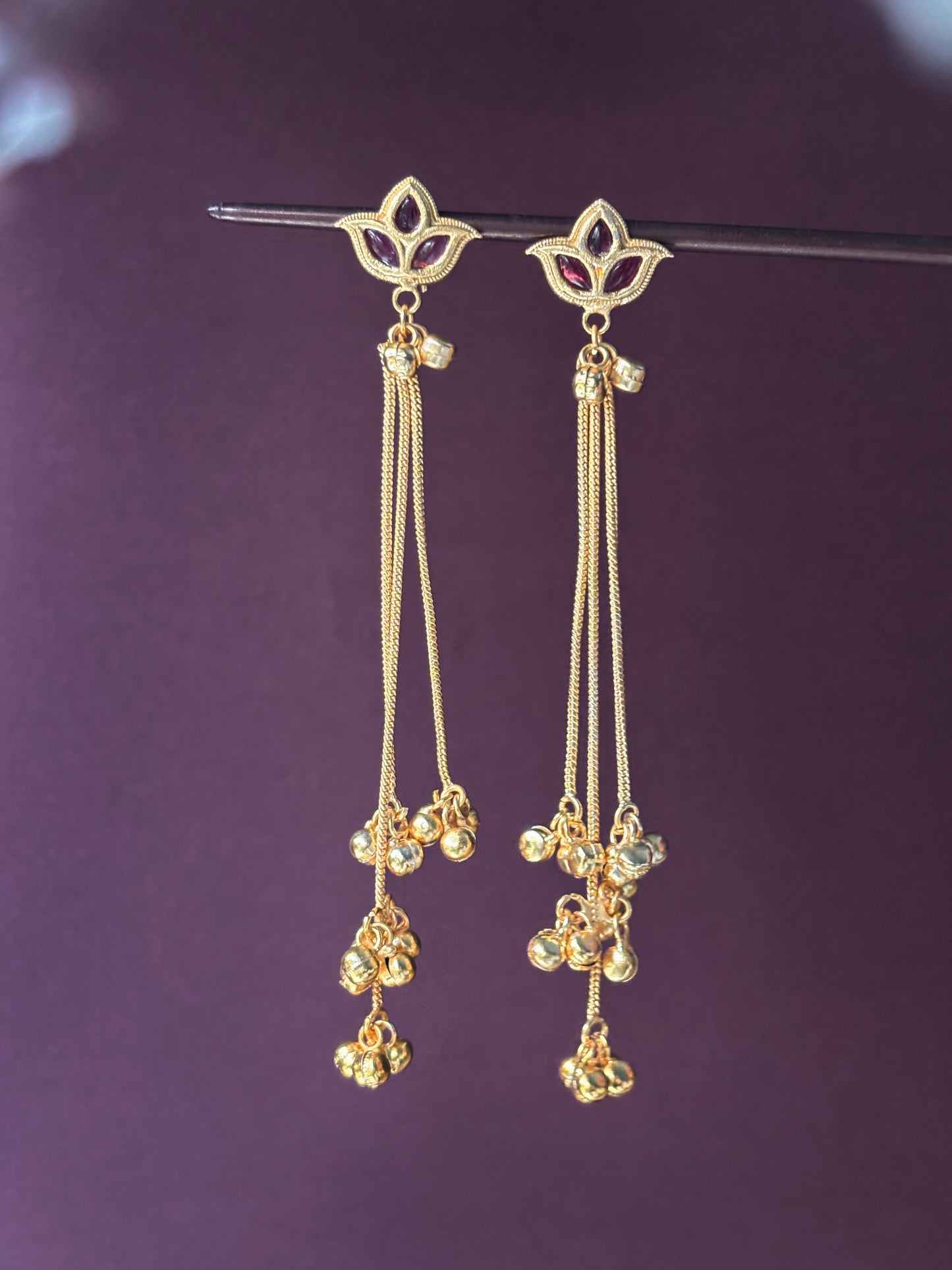 Raga Red Magenta Kashmiri Ghungroo Golden Dangle Earrings
