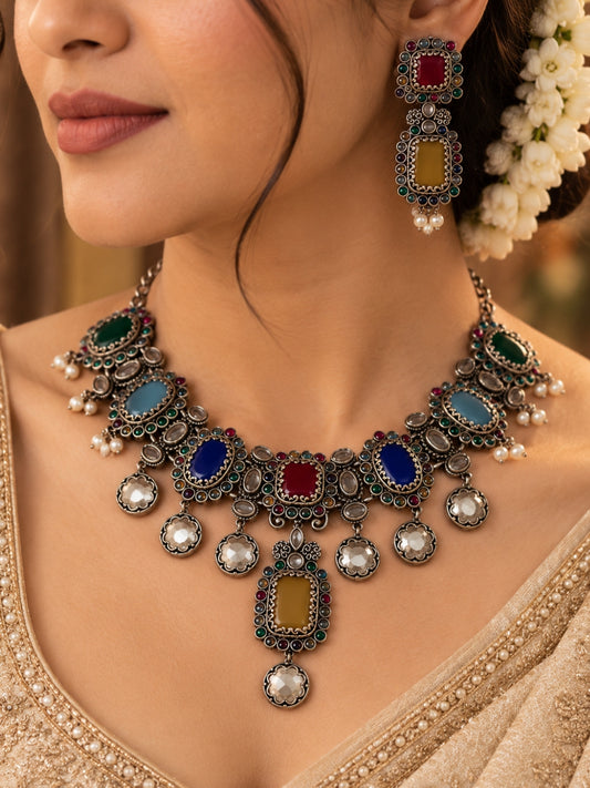 Raina Multi Colour Monalisa Stone Pearl Choker Set