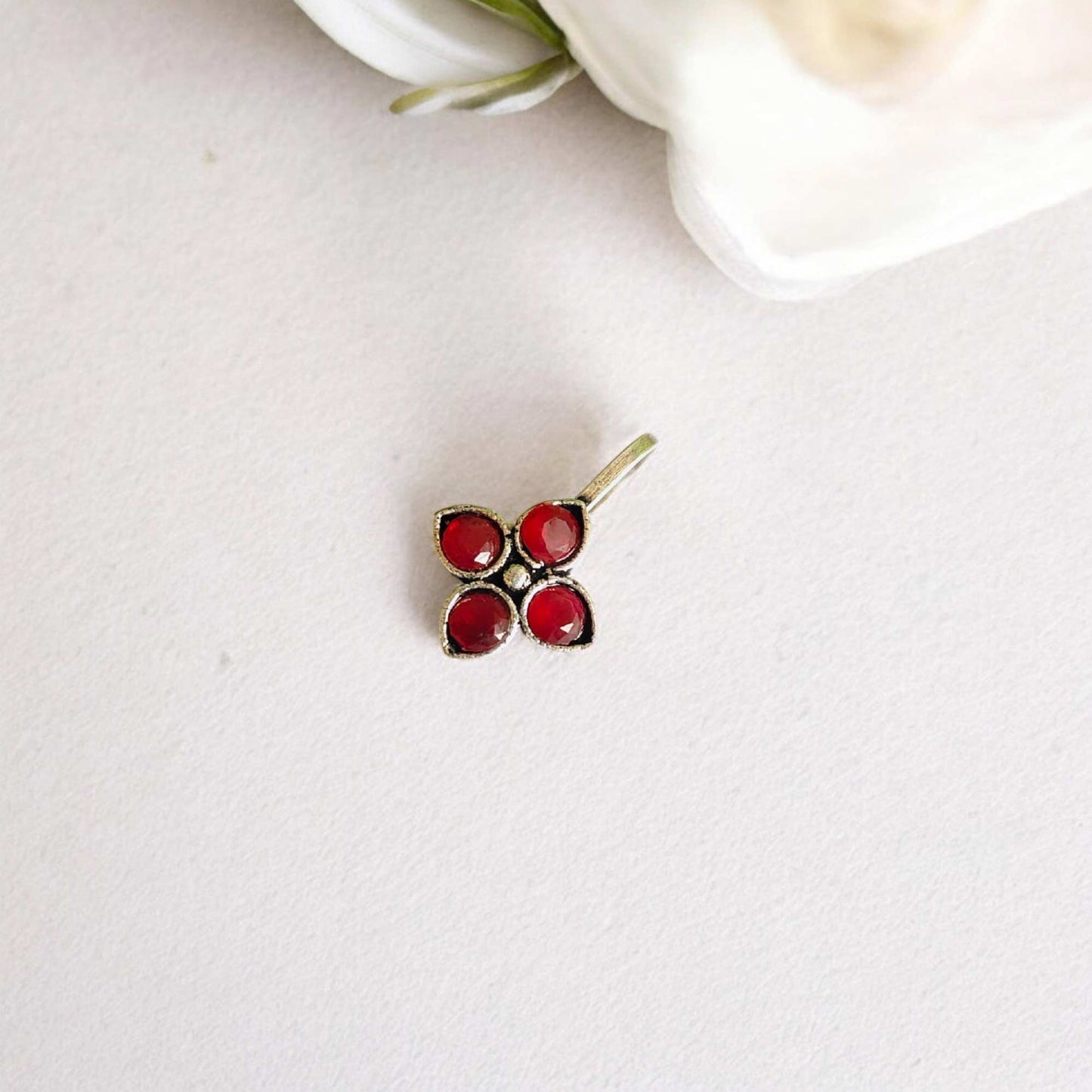 Red Flower Clip On Stone Oxidized Nosepin