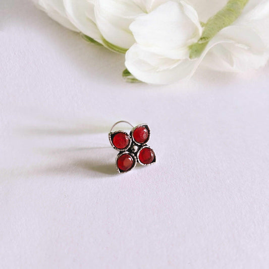 Red Flower Piercing Monalisa Stone Oxidized Nosepin