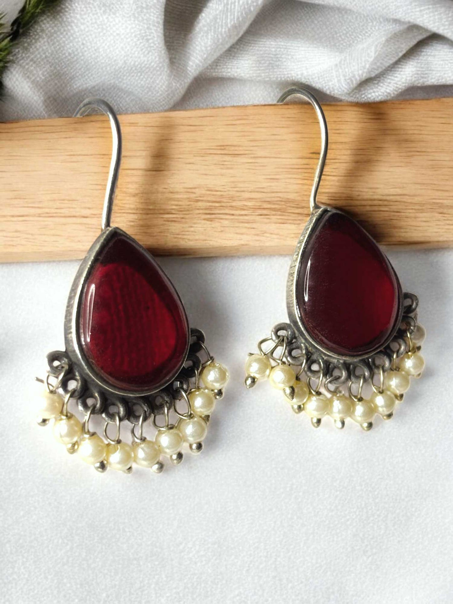 Dew Drop Monalisa Stone Oxidized Hook Earrings