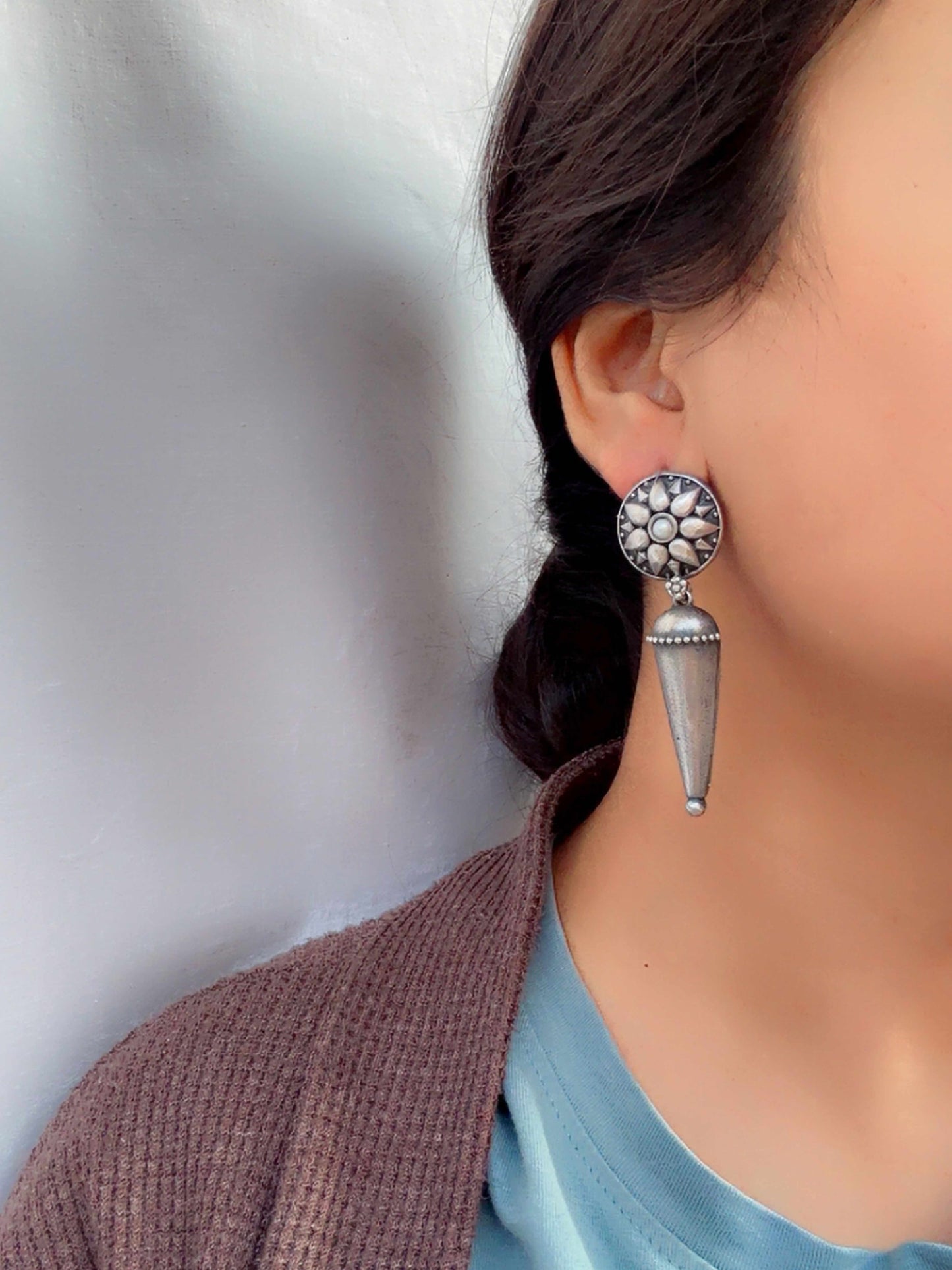 Reva Dangle Oxidized Earrings – Silver Tribal Statement