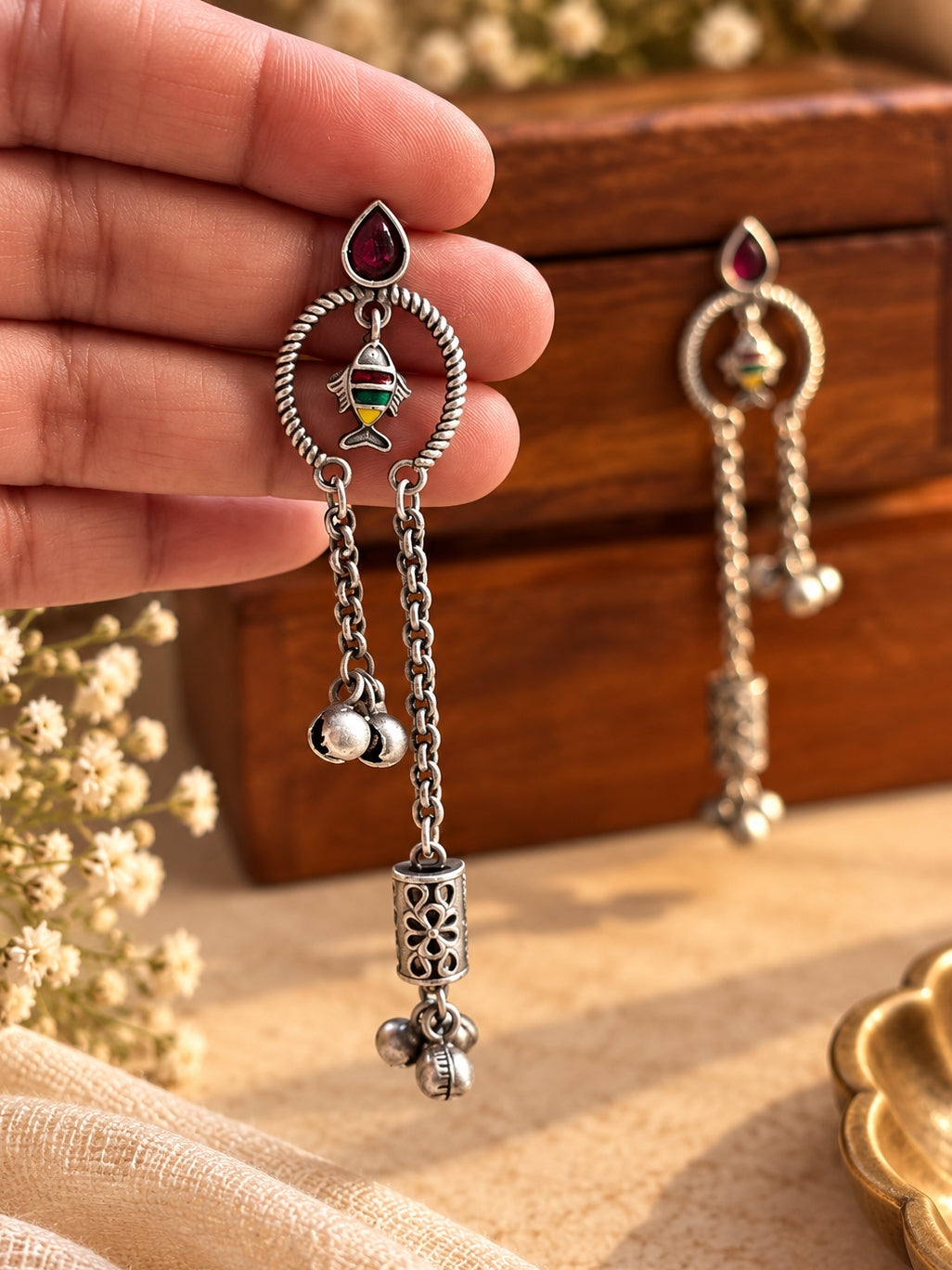 Riva Red Monalisa Stone Handpainted Dangle Earrings