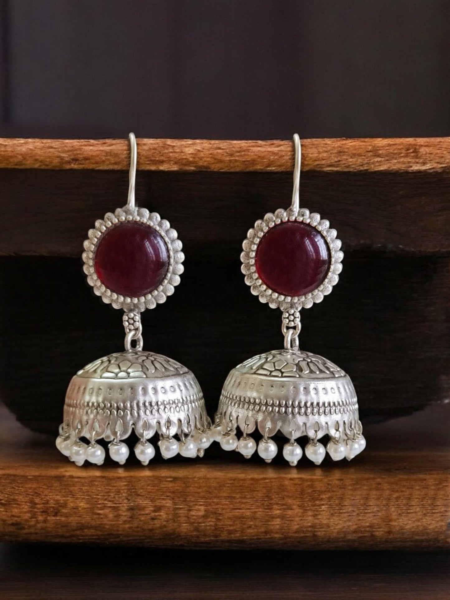 Rudraka Red Monalisa Hook Jhumka Earrings