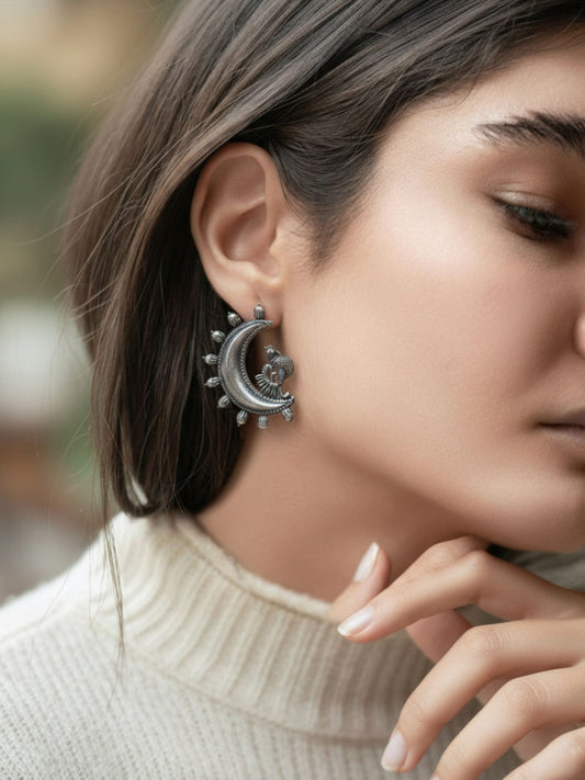 Soma Studs – Oxidized Silver Replica Half-Moon Peacock Earrings