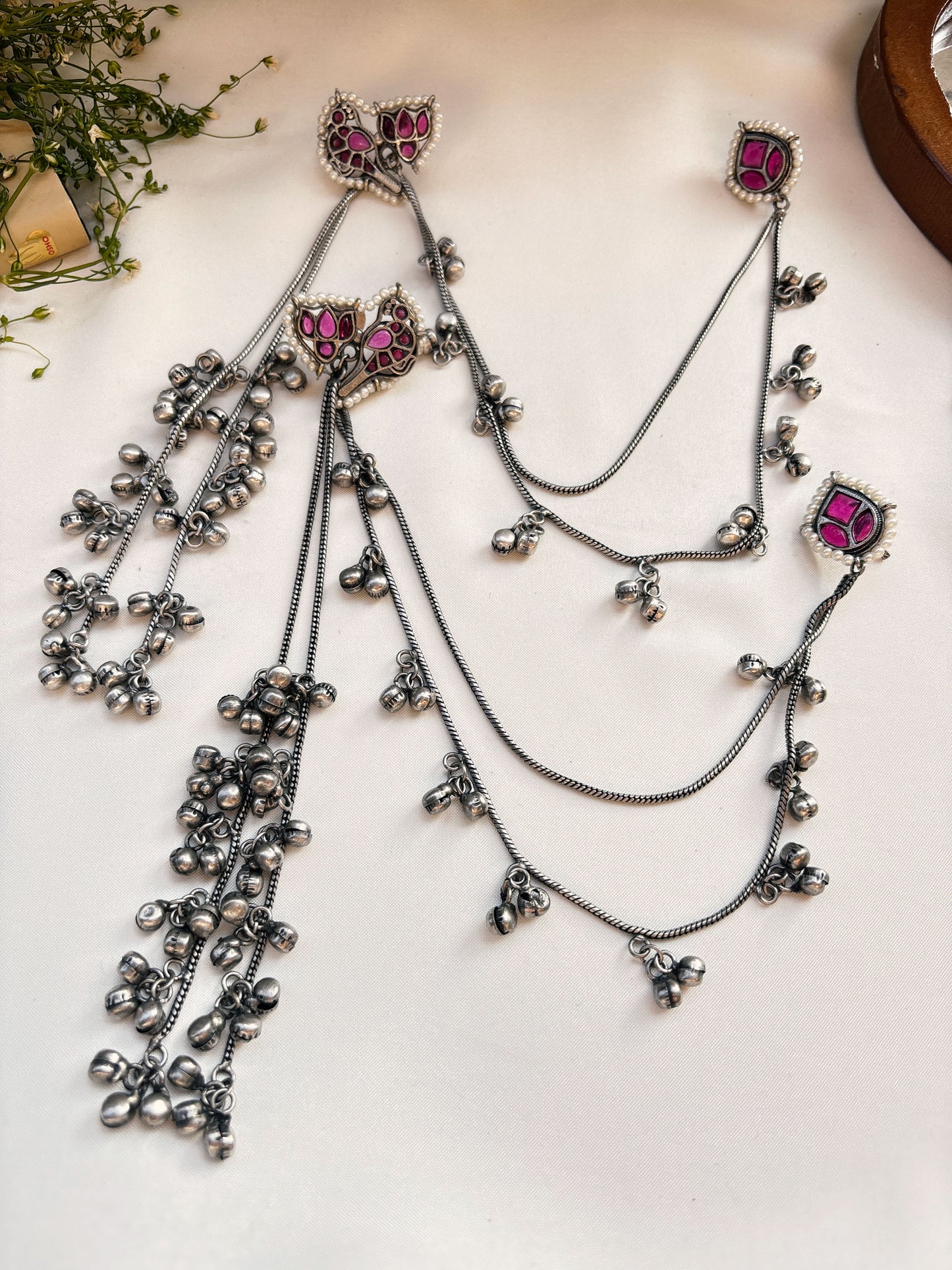 Sona Silver Red Magenta Kashmiri Ghungroo Hair Chain Earrings