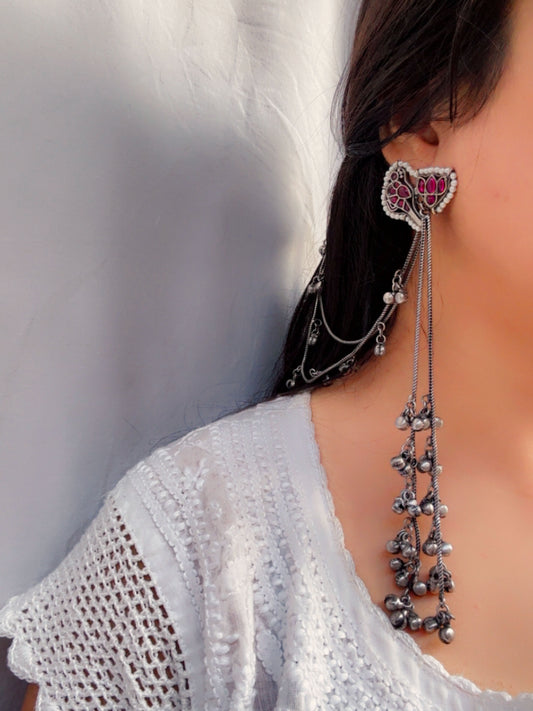 Sona Silver Red Magenta Kashmiri Ghungroo Hair Chain Earrings