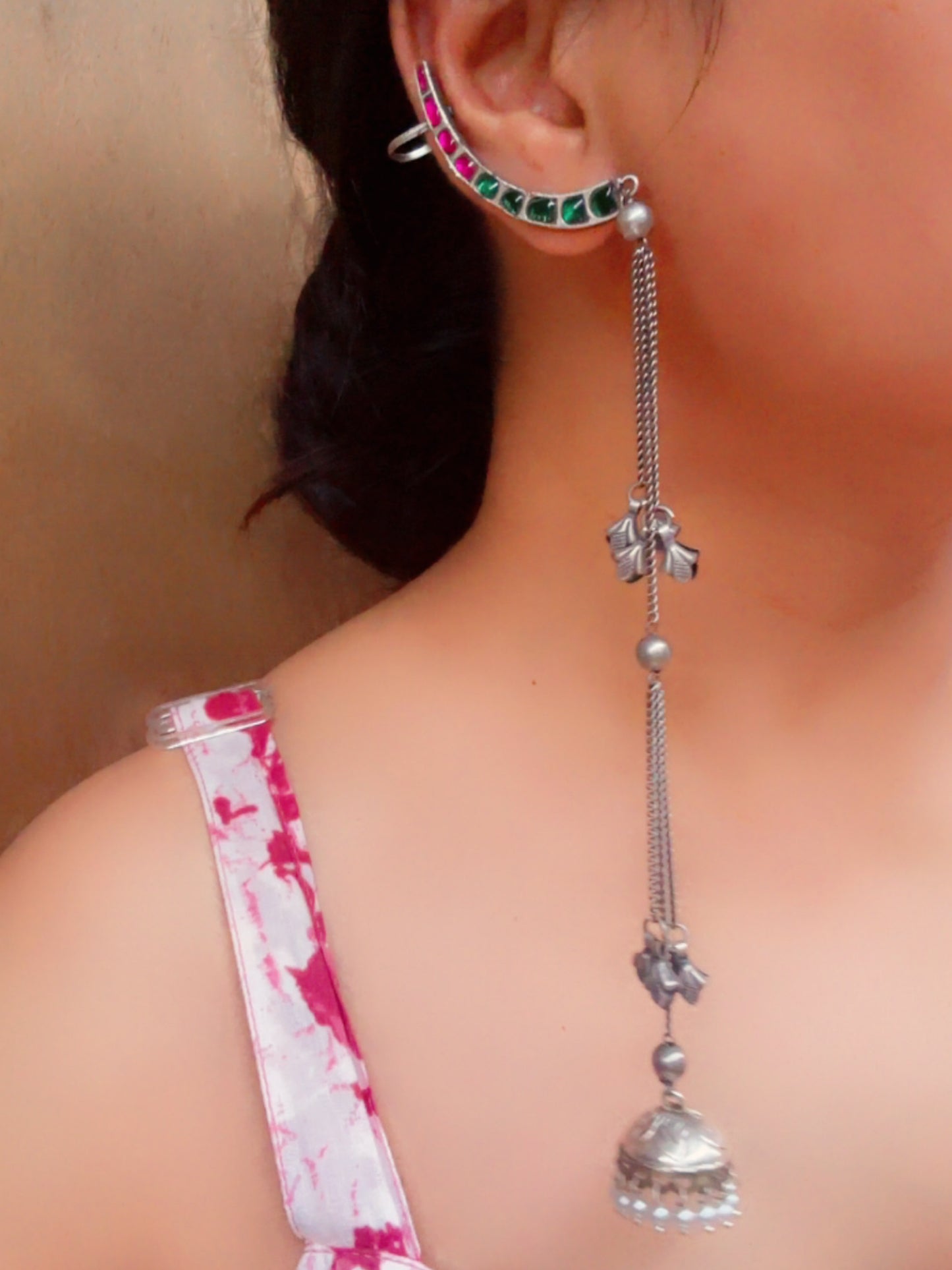 Subhiksha Magenta Green Meenakari Long Earcuff Jhumka – Oxidized Silver Earrings