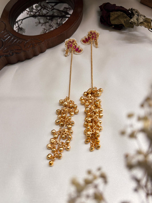 Suneri Magenta Ruby Long Kashmiri Golden Ghungroo Earrings