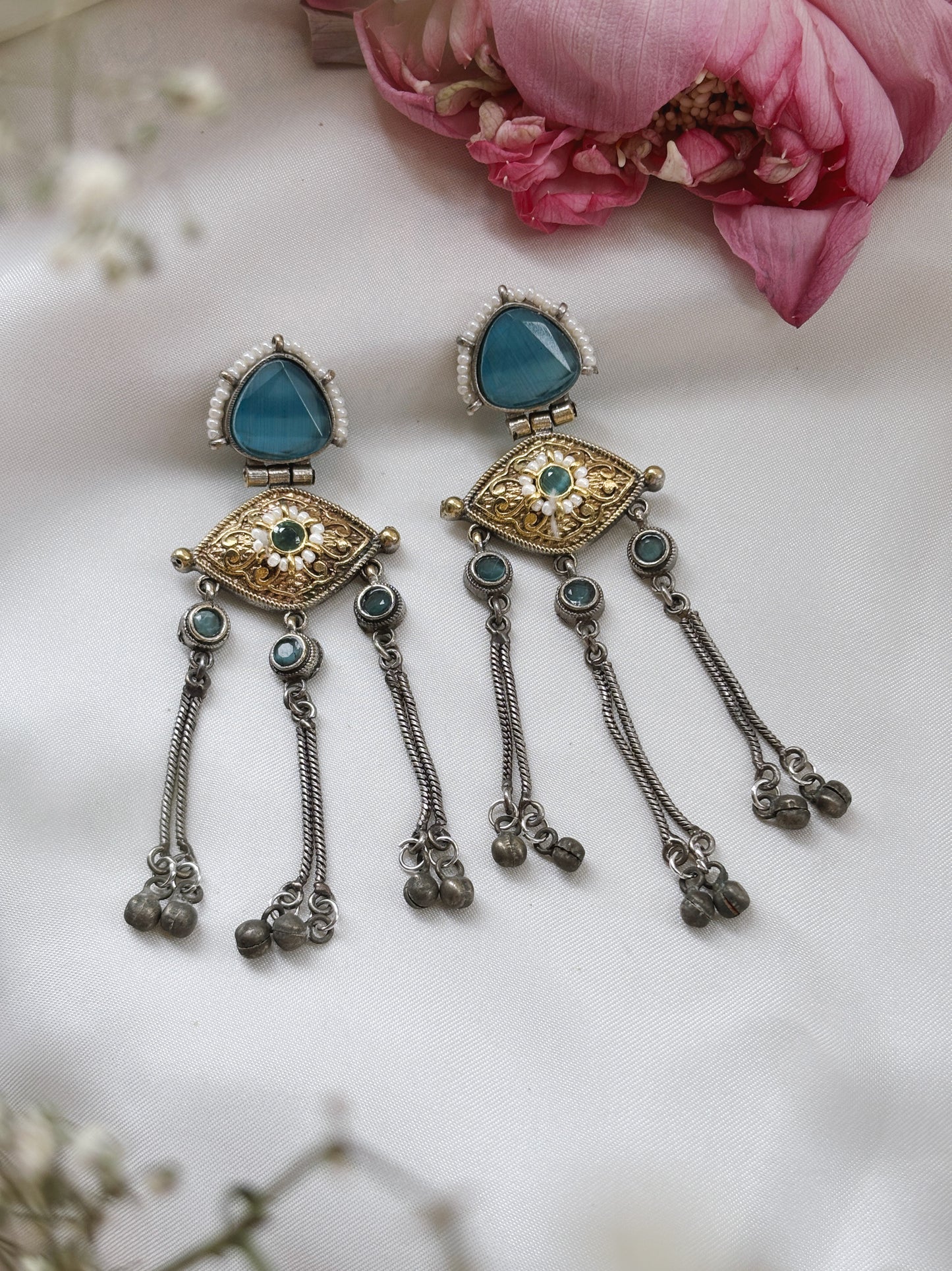 Suravi Blue Dual Tone Ghungroo Dangle Earrings