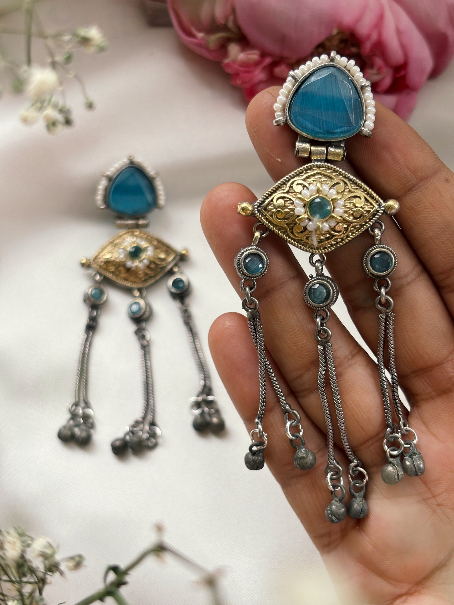 Suravi Blue Dual Tone Ghungroo Dangle Earrings