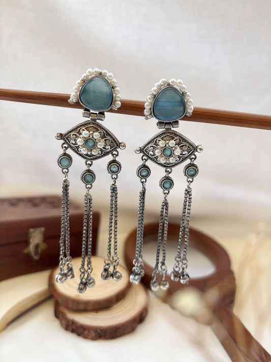 Suravi Blue Pearl Monalisa Stone Ghungroo Dangle Earrings