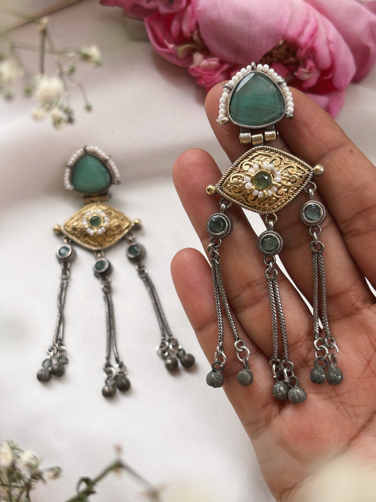 Suravi Mint Dual Tone Ghungroo Dangle Earrings