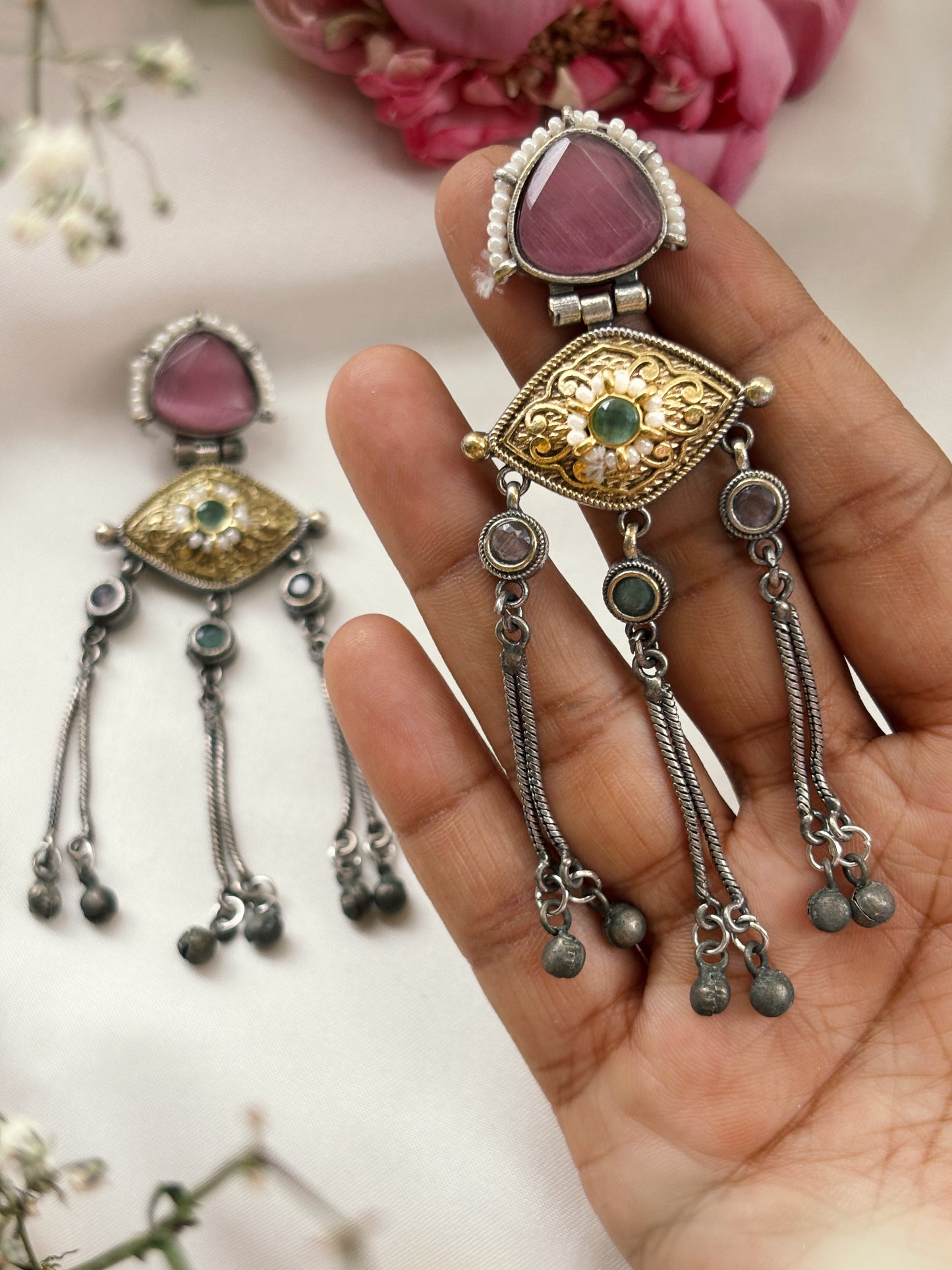 Suravi Pink Dual Tone Ghungroo Dangle Earrings