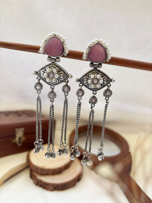 Suravi Pink Pearl Monalisa Stone Ghungroo Dangle Earrings
