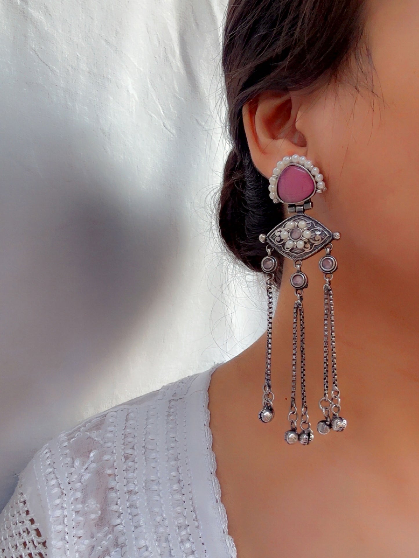 Suravi Pink Pearl Monalisa Stone Ghungroo Dangle Earrings